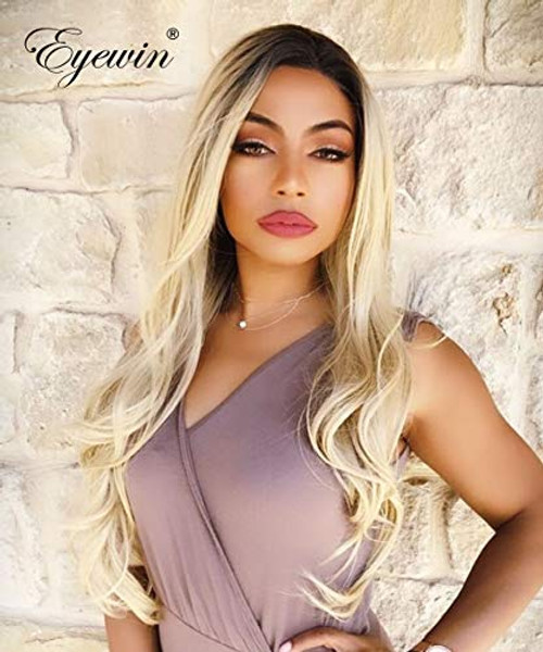 Dark Root Blonde Synthetic Lace Front Wigs Roots Ombre Long Wavy Wigs with Natural Hairline 140 High Density Heat Resistant Hair Wigs for Ladies Girls 28 Inch Dark Root Blonde Synthetic Lace Front Wigs Roots Ombre Long Wavy Wigs with Natural Hairline 140 High Density Heat Resistant Hair Wigs for Ladies Girls 28 Inch