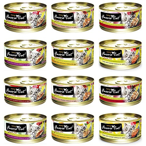 Fussie Cat Premium Grain Free Canned Wet Food Variety Bundle   28 Oz   Tuna with Chicken Tuna with Shrimp Tuna with Oceanfish Tuna with Salmon Tuna with Mussels and Tuna with Prawns  12 Pack