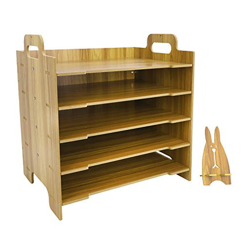 Office School Wood Filing Organizer Desktop Letter Tray with 5 Compartment Document Magazine File Folder Holder Stackable Paper Sorter DIY Book Rack