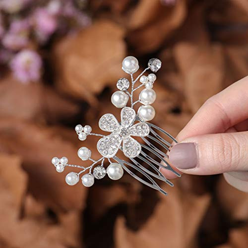 Jeairts Flower Pearl Bride Wedding Hair Comb Silver Crystal Hair Side Combs Rhinestone Headpiece Hair Dress Decorative Bridal Hair Accessories for Women and Girls