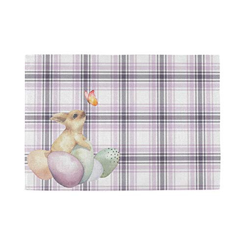 Wamika Happy Easter Bunny Eggs Purple Plaid Checkered Burlap Placemats Set of 4 Easter Day Rabbit Butterfly Flowers Spring Summer Table Place Mat for Dining Kitchen Non Slip Heat Resistant 12  x 18