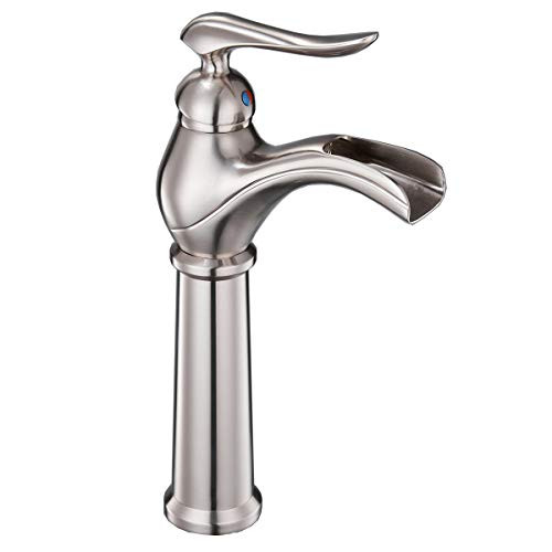 Greenspring Bathroom Vessel Sink Faucet Waterfall Single Handle One Hole Bathroom Faucets Lavatory Faucets Deck Mount Tall Body Brushed Nickel