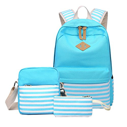 Abshoo Causal Canvas Stripe Backpack Cute Lightweight Teen Backpacks For Girls School Bag Set  Sky Blue Set