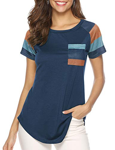 Hisweet Women s Short Sleeve T Shirt Crewneck Striped Color Block Pullover Tops Loose Tunic Sweatshirt Blue M