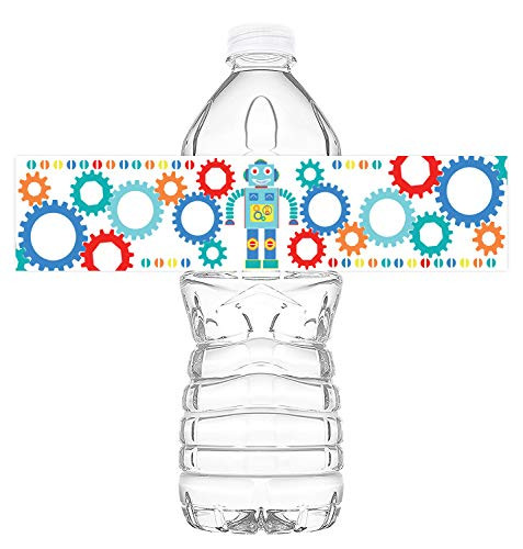 POP parties Robot Party Bottle Wraps - Set of 20 Waterproof Bottle Stickers - Robot Water Bottle Labels - Robot Party Decorations - Made in the USA