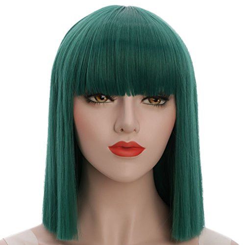 karlery Straight Short Hair Bob Wigs with Flat Bangs Synthetic Wigs for Women Natural As Real Hair  Green