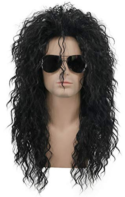 Karlery Men Long Curly Black 70s Heavy Metal Rocker Wig 80s Wig Costume Anime Wig