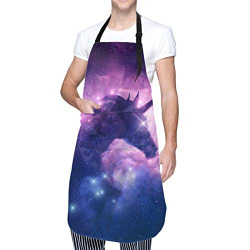 FUNINDIY Galaxy Unicorn Purple Nebula Adjustable Bib Apron Waterdrop Resistant Cooking Kitchen Aprons with 2 Pockets and Extra Long Ties for Women Men