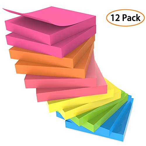 OGI Sticky Notes 3x3 Inches, 100 Sheets/Pad, 12 Pads/Pack, Bright Colors Self-Stick Pads