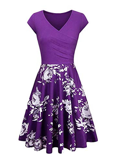 OMZIN Women s 1950s Vintage Swing Dress A Line Hepburn Cocktail Party Dresses Plus SizePurple Floral2XL