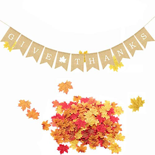 JINMURY Give Thanks Burlap Garland Bunting Banner and 100 Pieces Artificial Maple Leaves Home Fireplace Mantel Decor Happy Thanksgiving Day Party Autumn Party Decoration