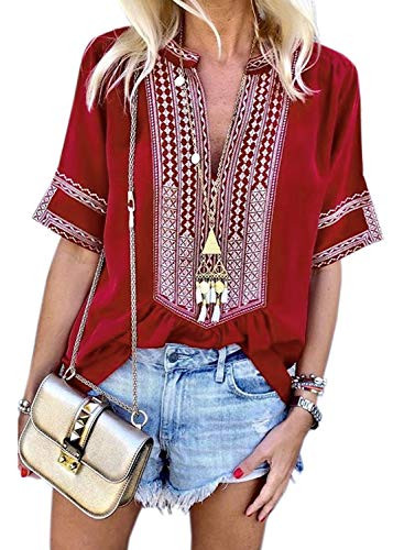 Aleumdr Womens V Neck Boho Embroidered Shirt Short Sleeve Summer Tops Casual Blouses Red Medium 8 10