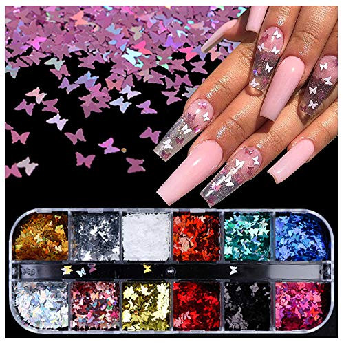 12 Colors Butterfly Nail Art glitter sequins Holographic Laser Flake Acrylic Manicure Paillettes Ultrathin Nail Sparkle Glitter Confetti Glitter Sheets Tips for Nail Art Decoration