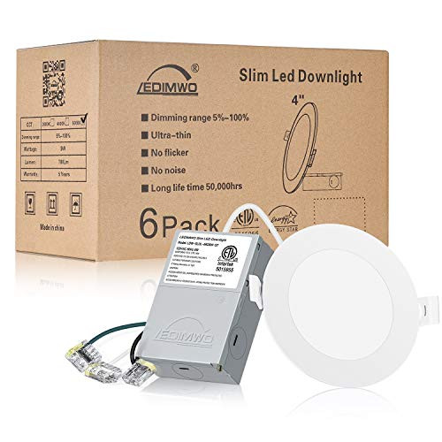 Ledimwo LED Canless Recessed Lighting 4 Inch 6 Pack No Flicker with Junction Box Included Dimmable Ultra Thin Ceiling Can Light 5000K Daylight Recessed Retrofit Downlight 9W