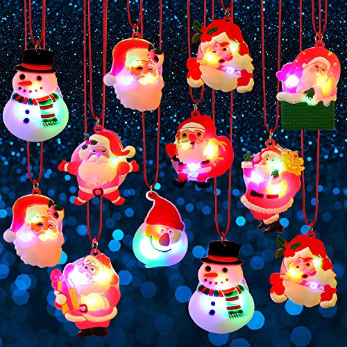 Blulu Christmas Holiday Flashing Light Necklaces Soft Chain Necklace, Flashing Santa Light Necklace LED Pendant Necklaces for Kids Party Favors Christmas Decoration, Random Styles (12)
