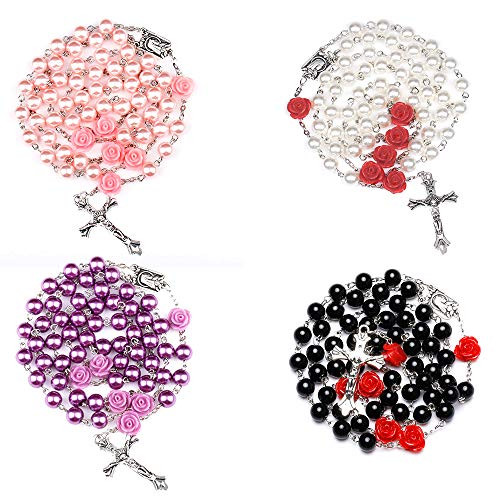 4Pcs Rose Jesus Rosary Catholic Necklace with Miraculous Medal Cross Crucifix Red Tone Rosary 6mm 4Pcs Rose Jesus Rosary Catholic Necklace with Miraculous Medal Cross Crucifix Red Tone Rosary 6mm