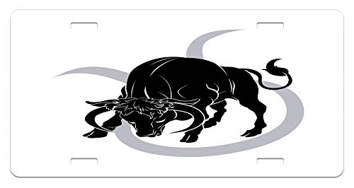 Ambesonne Zodiac Taurus License Plate Black Silhouette of Animal Ox on Horoscope Astrology High Gloss Aluminum Novelty Plate 588  X 1188  Pale Grey Black White