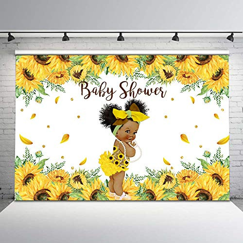 Mocsicka Sunflower Baby Shower Backdrop African American Afros Baby Girl Baby Shower Background 7x5ft Vinyl Sunflower Ethnic Princess Baby Shower Backdrops