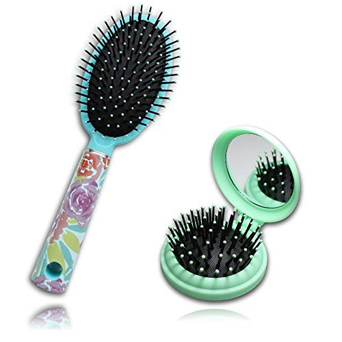Paddle brush floral wet or dry detangling cushion brush comb for hair   Folding round travel hair brush with mirror mini pop up hairbrush with makeup mirror  Colors May Vary