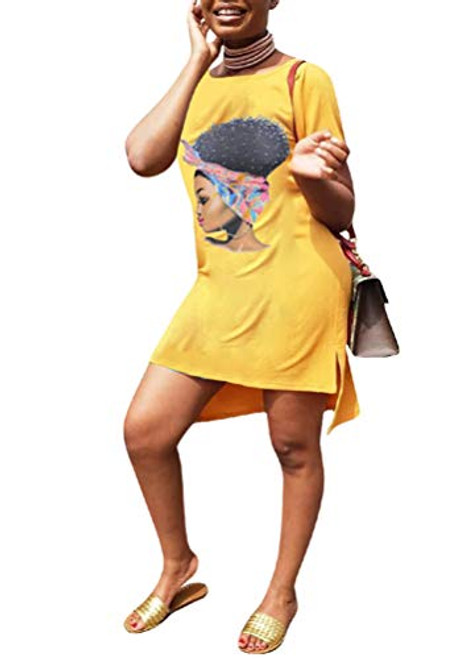 Remelon Womens Casual Short Sleeve Cartoon Girls Print Loose Tunic T Shirt Mini Dress Yellow XXL