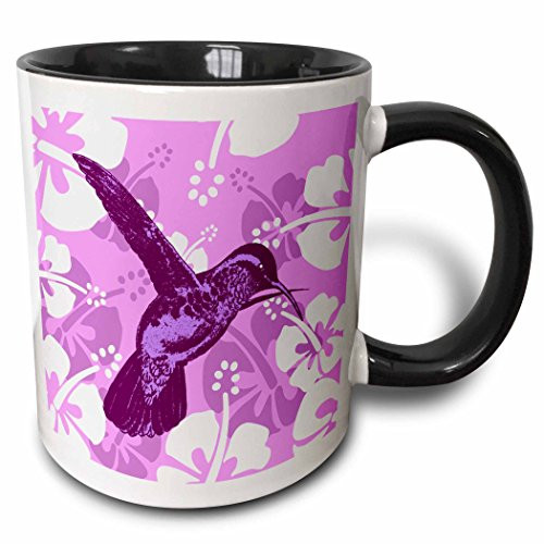 3dRose Hummingbird in Purple and Blue over Hibiscus Background Ceramic Mug 11oz Black White