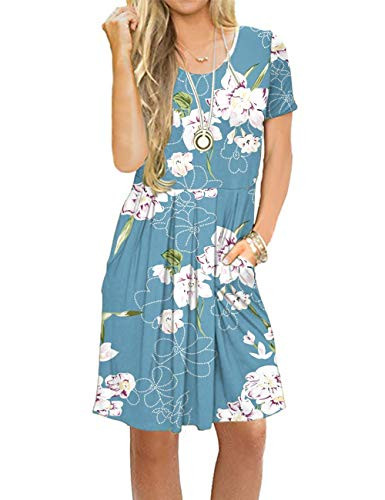 AUSELILY Women s Short Sleeve Pleated Loose Swing Casual Dress with Pockets Knee Length  M Floral Light Blue