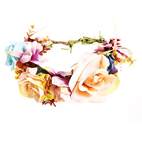 Flower Wreath Headband Boho Flower Crown Hair Wreath Floral Headpiece with Adjustable Ribbon for Women Wedding Party Photo Prop  O