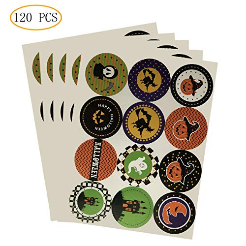 120 pcs Halloween Stickers Assorted Favors Labels Round Stickers Treat or Trick Party Decorations with Pumpkin Ghost Black Cat Bat Design