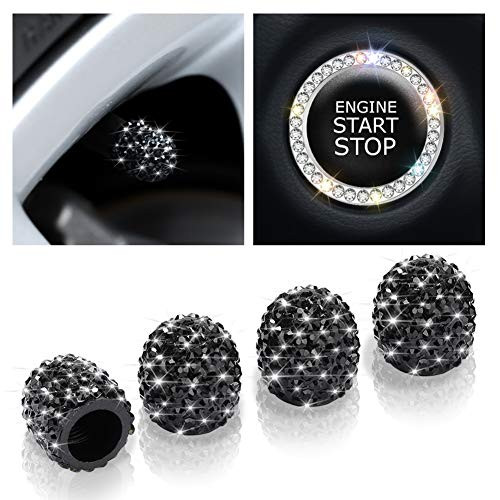 Otostar 4 Pack Valve Stem Caps Universal Bling Car Accessories Crystal Tire Valve Caps for Vehicle Bicycle Bonus Bling Engine Start Button Decoration  Black