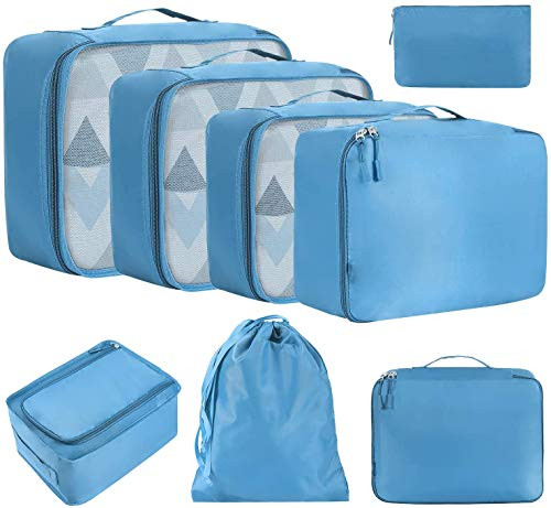 BAGAIL 8 Set Packing Cubes Lightweight Travel Luggage Organizers with Shoe Bag Toiletry Bag   Laundry Bag Blue