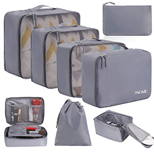 BAGAIL 8 Set Packing Cubes Lightweight Travel Luggage Organizers with Shoe Bag Toiletry Bag   Laundry Bag Grey