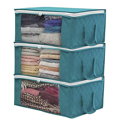 Storage Bins Organizers TechCode 3 Pack Foldable Zippered Clothes Storage Bag with Reinforced Handles Clear Window Moving Cubes Organizer Box for Clothes Blanket Bedding Closet Comforter  Green