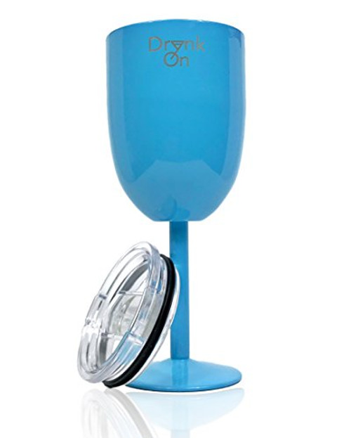 DRYNK ON: 10 oz Stainless Steel Wine Glass Tumbler With Sliding Lid-Double Wall Vacuum Insulated-Unbreakable and Portable, Great for Outdoors-Premium Food Grade-BPA Free-Sky Blue