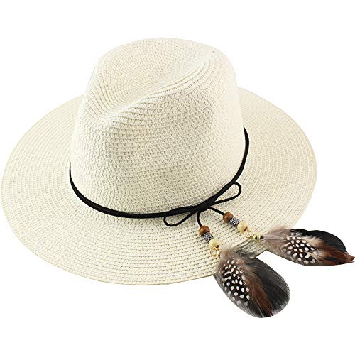Women Straw Fedora Hat Wide Brim Summer Foldable Panama Beach Sun Hat UPF50  White