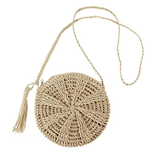 CHIC DIARY Women Straw Bag Crossbody Handmade Woven Summer Beach Top Zipper Shoulder Purse with Tassel  Beige