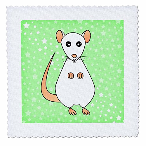 3dRose qs 10804 1 Cute White Rat Green Star Background Quilt Square 10 by 10 Inch