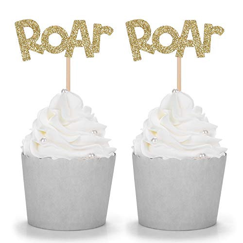 24 Counts Glitter Roar Cupcake Toppers Dinosaur Party Picks   Gold