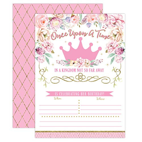 Princess Birthday Invitations, Girl First Birthday Princess Party Invites, Pink and Gold 1st Birthday, 20 Fill In Style with Envelopes