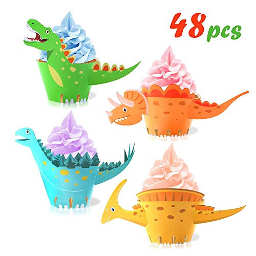 Dinosaur Cupcake Wrappers Toppers 48Pack Little Dino Cupcake Toppers Cake Table Decorations Party Supplies for Boys Kids Birthday Party Decor Favors