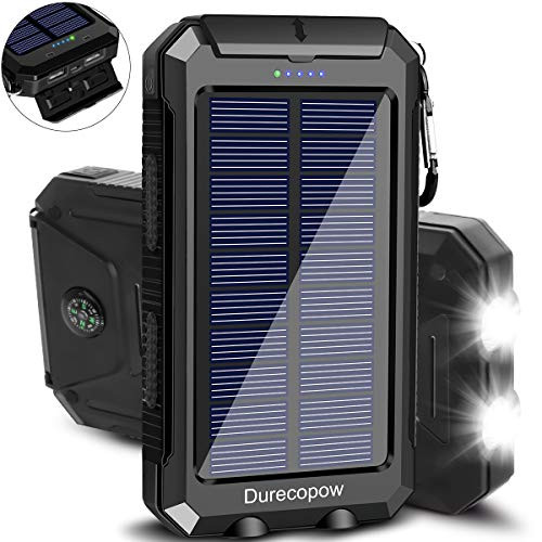 Solar Charger Durecopow 20000mAh Portable Outdoor Waterproof Solar Power Bank Camping External Backup Battery Pack Dual 5V USB Ports Output 2 Led Light Flashlight with Compass Black Solar Charger Durecopow 20000mAh Portable Outdoor Waterproof Solar Power Bank Camping External Backup Battery Pack Dual 5V USB Ports Output 2 Led Light Flashlight with Compass Black