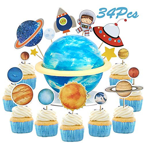 Sunsor 34Pcs Solar System Astronaut Space Shuttle UFO Rocket Star Planet Cupcake Topper Outer Space Themed Cake Decorative Toppers for Kids Birthday Party Favor Supplies