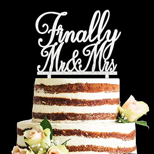 ZMTC Acrylic Glitter Finally Mr & Mrs Cake Topper for Wedding, Engagement, Bridal Shower Party Decorations (Silver)