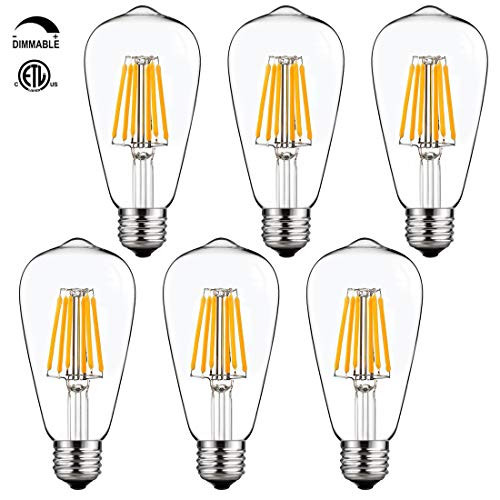 Dimmable LED Edison Light Bulbs 60W Equivalent 3000K Soft White LED Filament Bulbs 6W 600Lumens E26 Base ST64 Vintage Edison Clear Glass Lightbulbs6 Pack