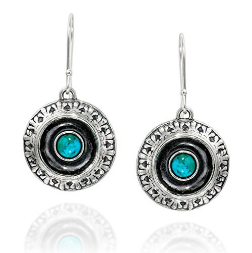 Stera Jewelry Antique Style 925 Sterling Silver Unique Design Ornate Round Turquoise Dangle Earrings Stera Jewelry Antique Style 925 Sterling Silver Unique Design Ornate Round Turquoise Dangle Earrings