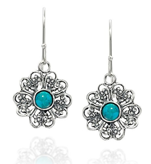 Stera Jewelry 925 Sterling Silver Filigree Flower Shaped Compressed Turquoise Earrings Stera Jewelry 925 Sterling Silver Filigree Flower Shaped Compressed Turquoise Earrings
