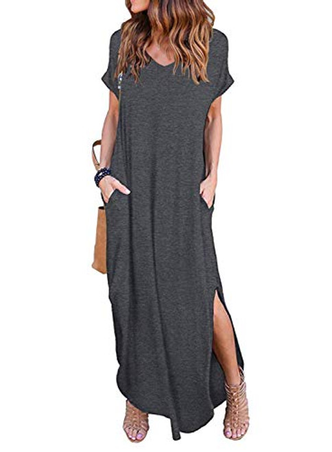 HUSKARY Women s Summer Maxi Dress Casual Loose Pockets Long Dress Short Sleeve Split Dark Grey