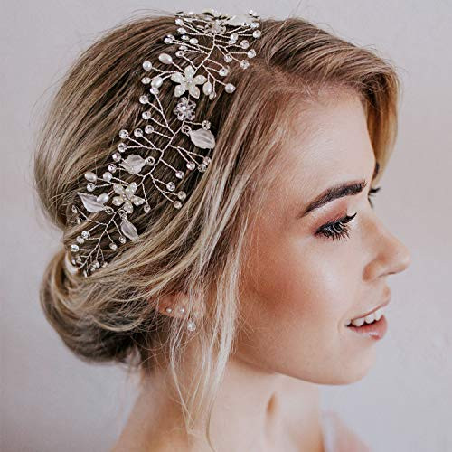 SWEETV Wedding Headband Silver Bohemian Headpiece Crystal Pearl Hair Vine Flower Halo Bridal Hair Accessories
