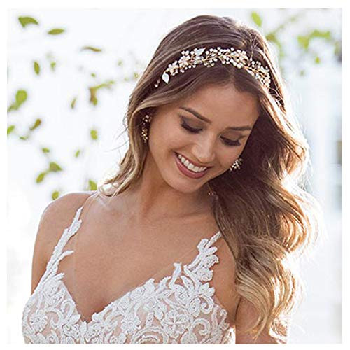 SWEETV Gold Bridal Headband Bohemian Headpiece Crystal Pearl Hair Vine Flower Halo Wedding Hair Accessories