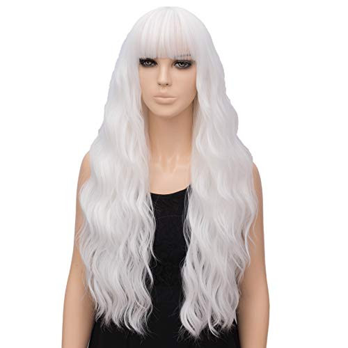 netgo Women s White Wig Long Curly Wavy Hair Wigs for Girl Heat Friendly Synthetic Party Wigs