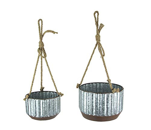 Farmhouse Style Corrugated Galvanized Metal and Rope Hanging Planters Set of 2
